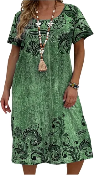 Plus Size Summer for Women Casual Short Sleeve Midi Dress Square Neck Loose Flowy Boho Floral Smocked Dresses