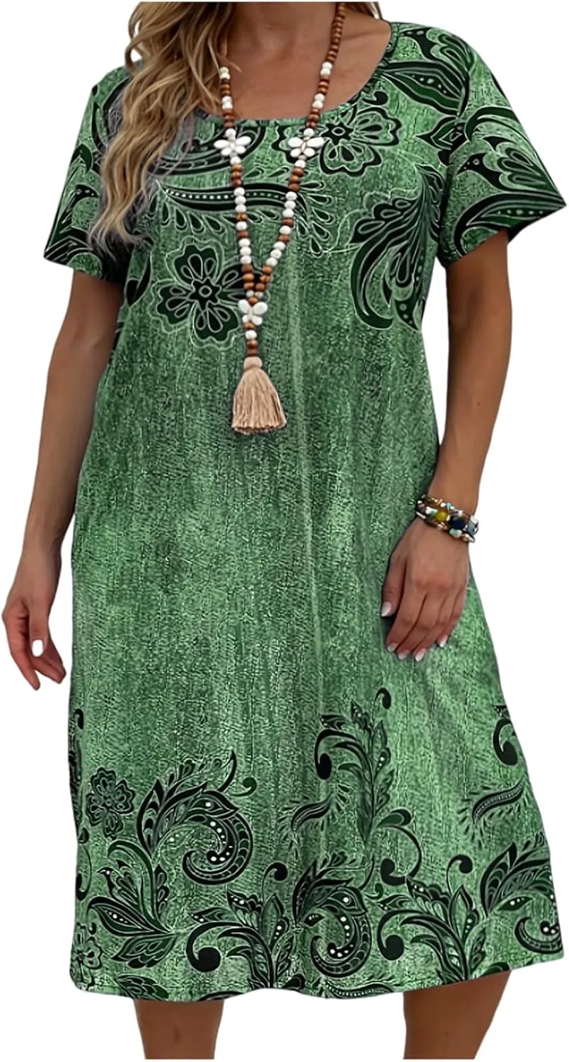 Plus Size Summer for Women Casual Short Sleeve Midi Dress Square Neck Loose Flowy Boho Floral Smocked Dresses