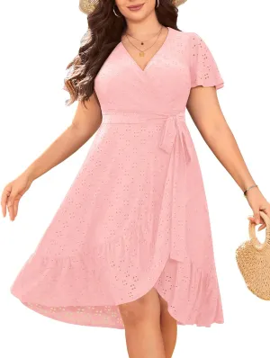 Plus Size Wedding Guest Dress - Summer Semi Formal Midi Eyelet Short Sleeve Wrap V Neck Belted A Line Dresses 2025