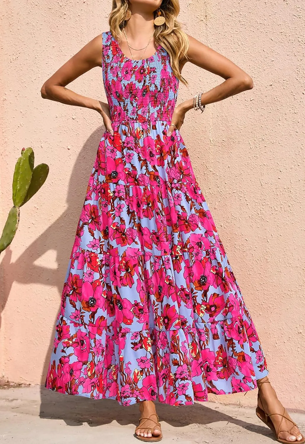 PRETTYGARDEN Smocked Tank Floral Maxi Dresses for Women 2025 Wedding Guest Dress Sleeveless Flowy Long Sundress with Pockets
