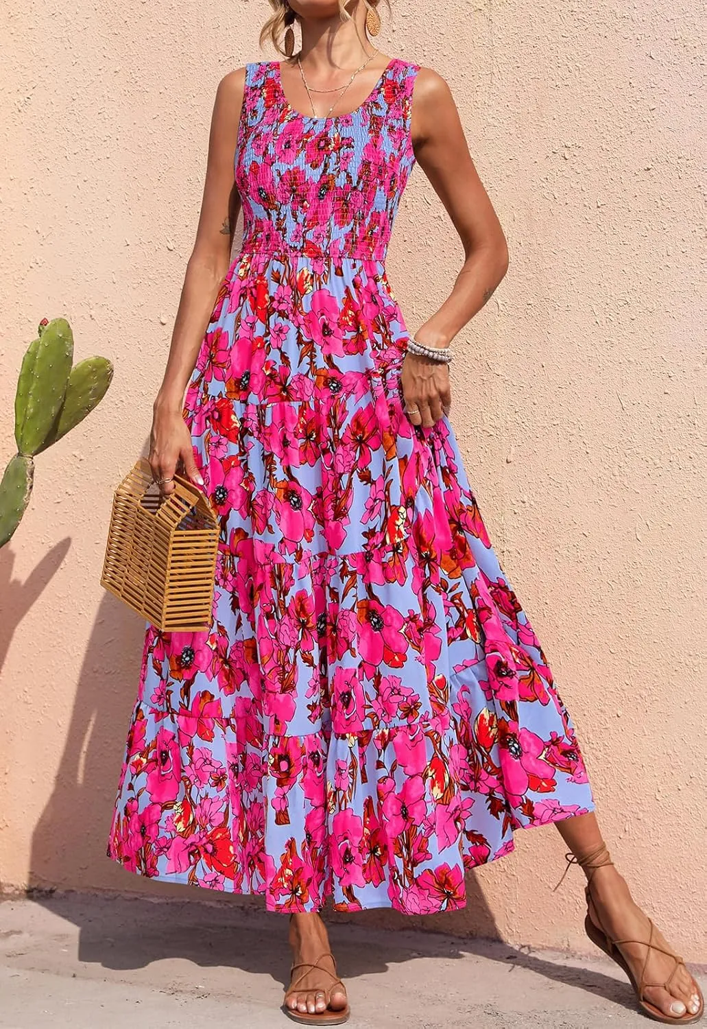 PRETTYGARDEN Smocked Tank Floral Maxi Dresses for Women 2025 Wedding Guest Dress Sleeveless Flowy Long Sundress with Pockets