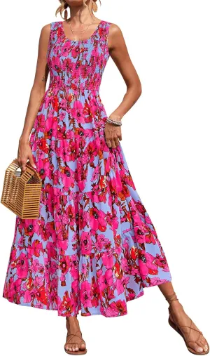 PRETTYGARDEN Smocked Tank Floral Maxi Dresses for Women 2025 Wedding Guest Dress Sleeveless Flowy Long Sundress with Pockets