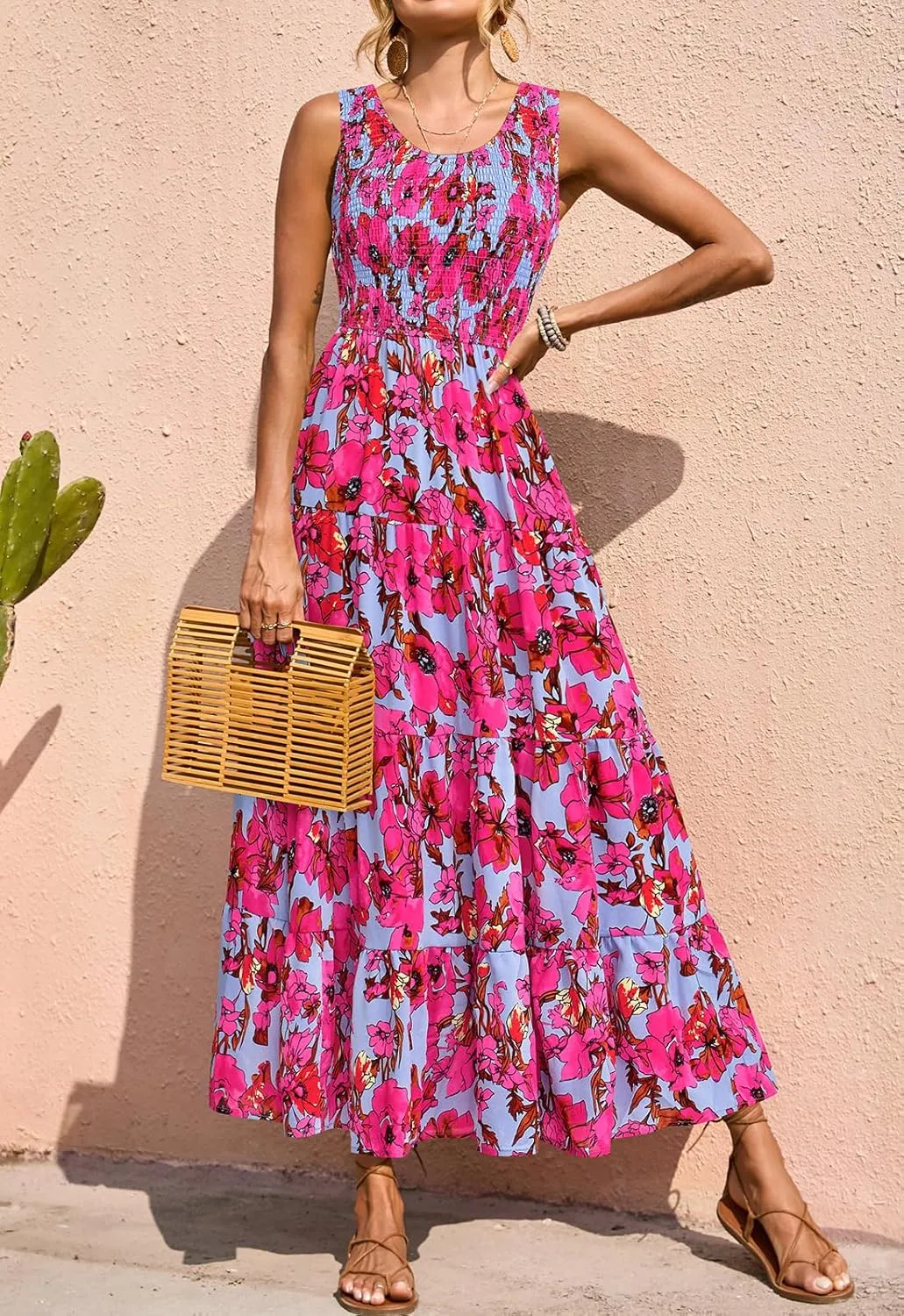 PRETTYGARDEN Smocked Tank Floral Maxi Dresses for Women 2025 Wedding Guest Dress Sleeveless Flowy Long Sundress with Pockets