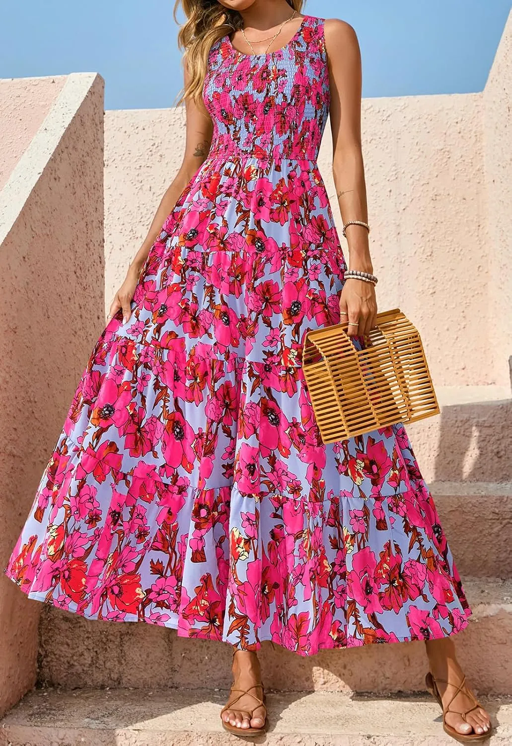 PRETTYGARDEN Smocked Tank Floral Maxi Dresses for Women 2025 Wedding Guest Dress Sleeveless Flowy Long Sundress with Pockets