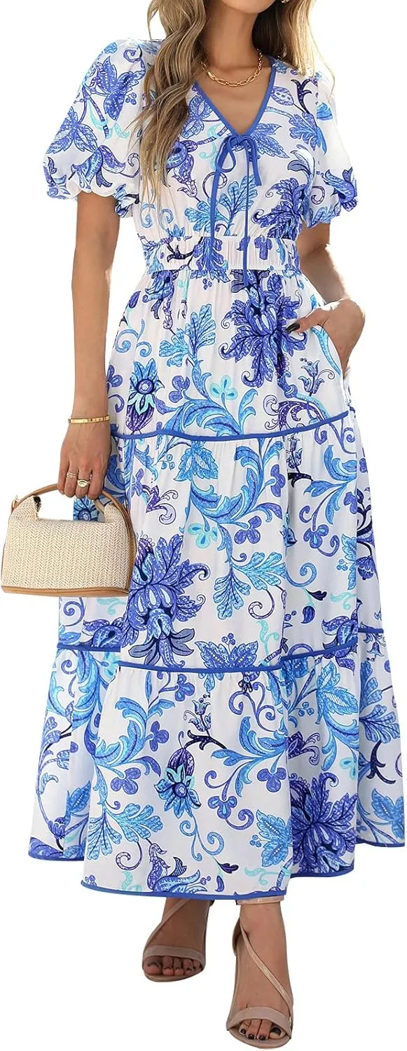 PRETTYGARDEN Women Summer Boho Maxi Dresses 2025 V Neck Puff Short Sleeve A-Line Flowy Tiered Floral Wedding Guest Dress