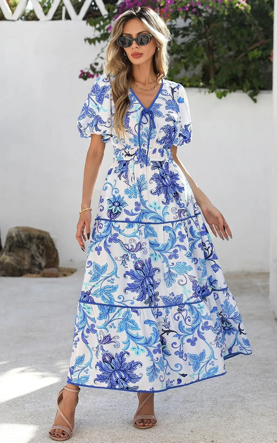 PRETTYGARDEN Women Summer Boho Maxi Dresses 2025 V Neck Puff Short Sleeve A-Line Flowy Tiered Floral Wedding Guest Dress