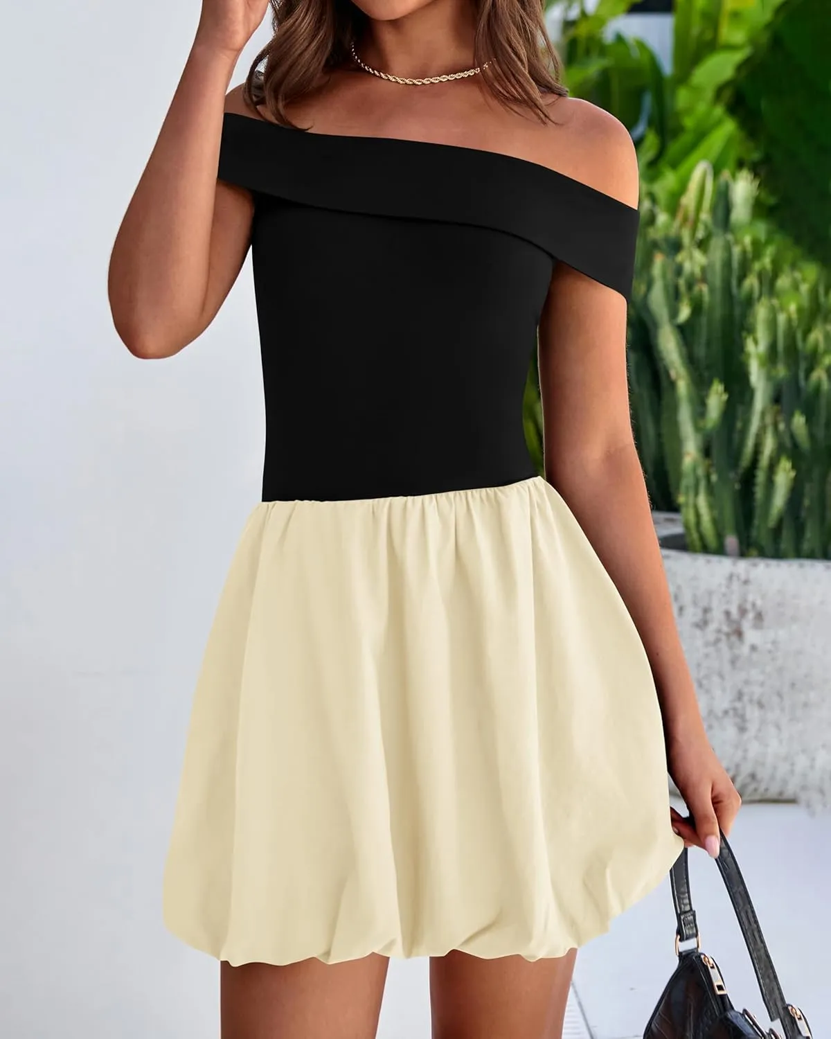 PRETTYGARDEN Women Summer Sexy Off Shoulder Bubble Dress 2025 Knit and Woven Cocktail Party Mini Dresses with Pockets