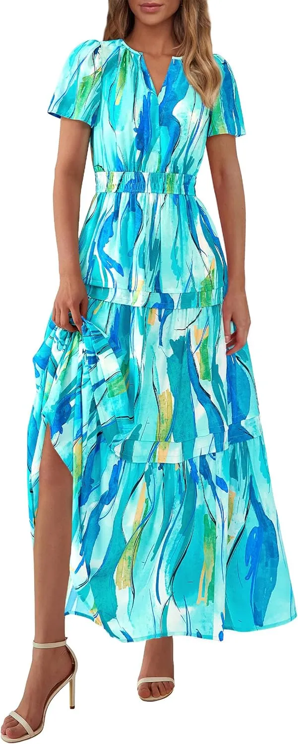 PRETTYGARDEN Women's 2025 Summer Boho Maxi Dresses Floral Short Sleeve V Neck A Line Tiered Flowy Long Beach Vacation Dress