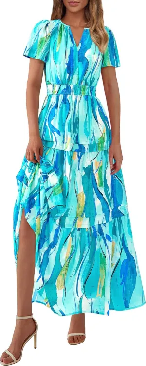 PRETTYGARDEN Women's 2025 Summer Boho Maxi Dresses Floral Short Sleeve V Neck A Line Tiered Flowy Long Beach Vacation Dress