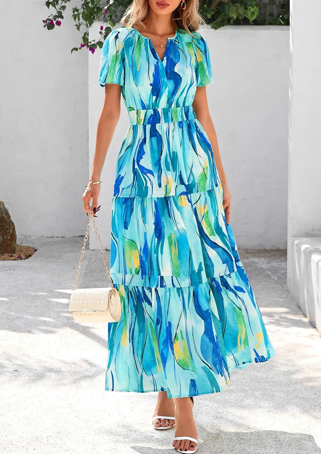 PRETTYGARDEN Women's 2025 Summer Boho Maxi Dresses Floral Short Sleeve V Neck A Line Tiered Flowy Long Beach Vacation Dress