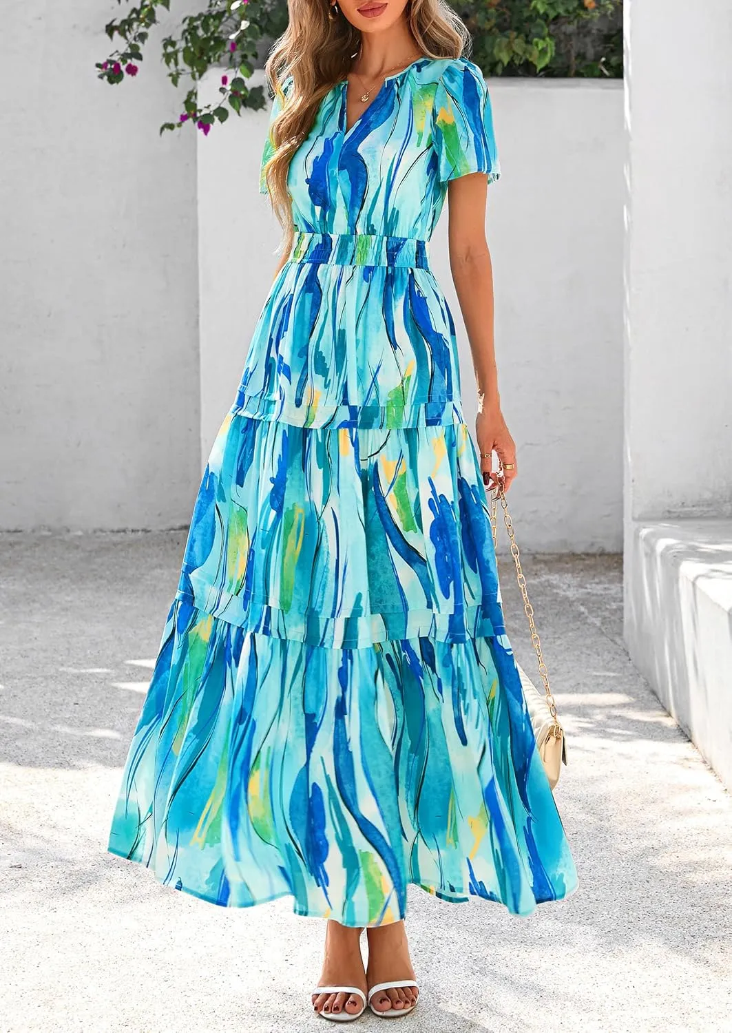 PRETTYGARDEN Women's 2025 Summer Boho Maxi Dresses Floral Short Sleeve V Neck A Line Tiered Flowy Long Beach Vacation Dress