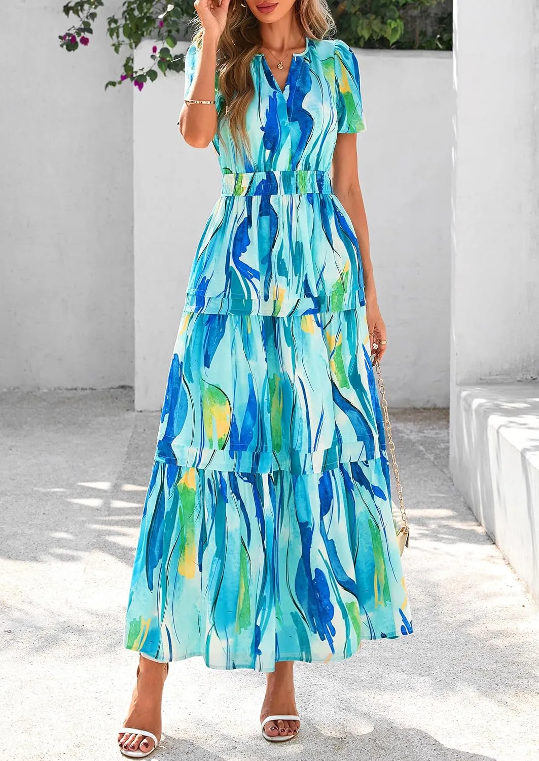 PRETTYGARDEN Women's 2025 Summer Boho Maxi Dresses Floral Short Sleeve V Neck A Line Tiered Flowy Long Beach Vacation Dress