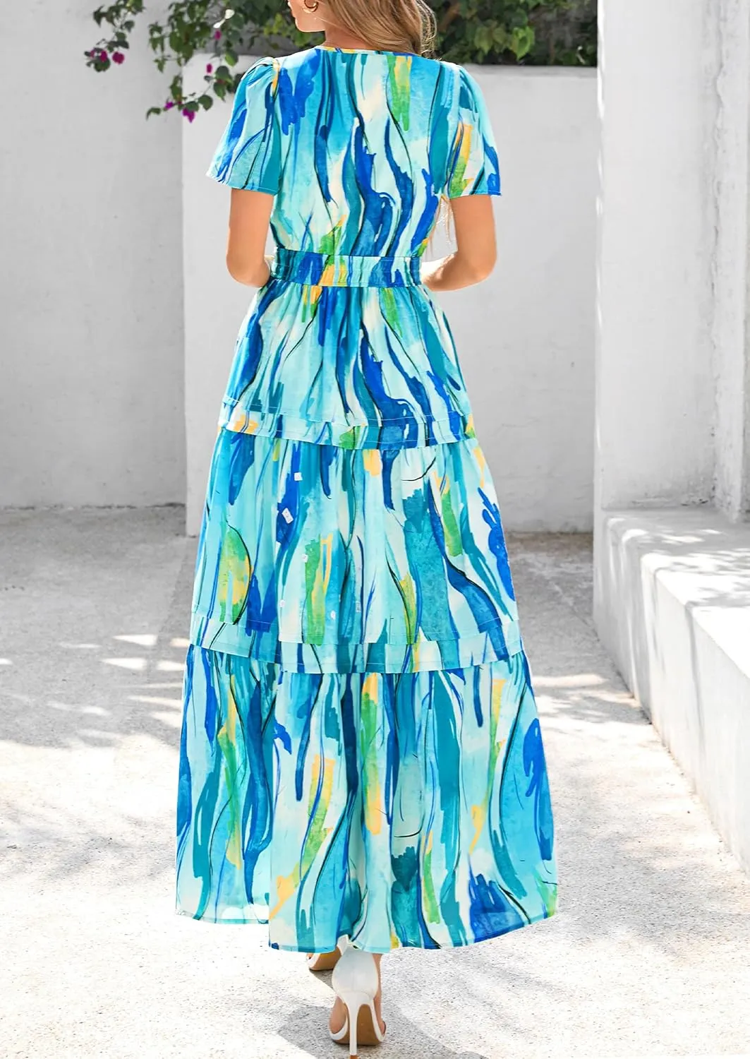 PRETTYGARDEN Women's 2025 Summer Boho Maxi Dresses Floral Short Sleeve V Neck A Line Tiered Flowy Long Beach Vacation Dress