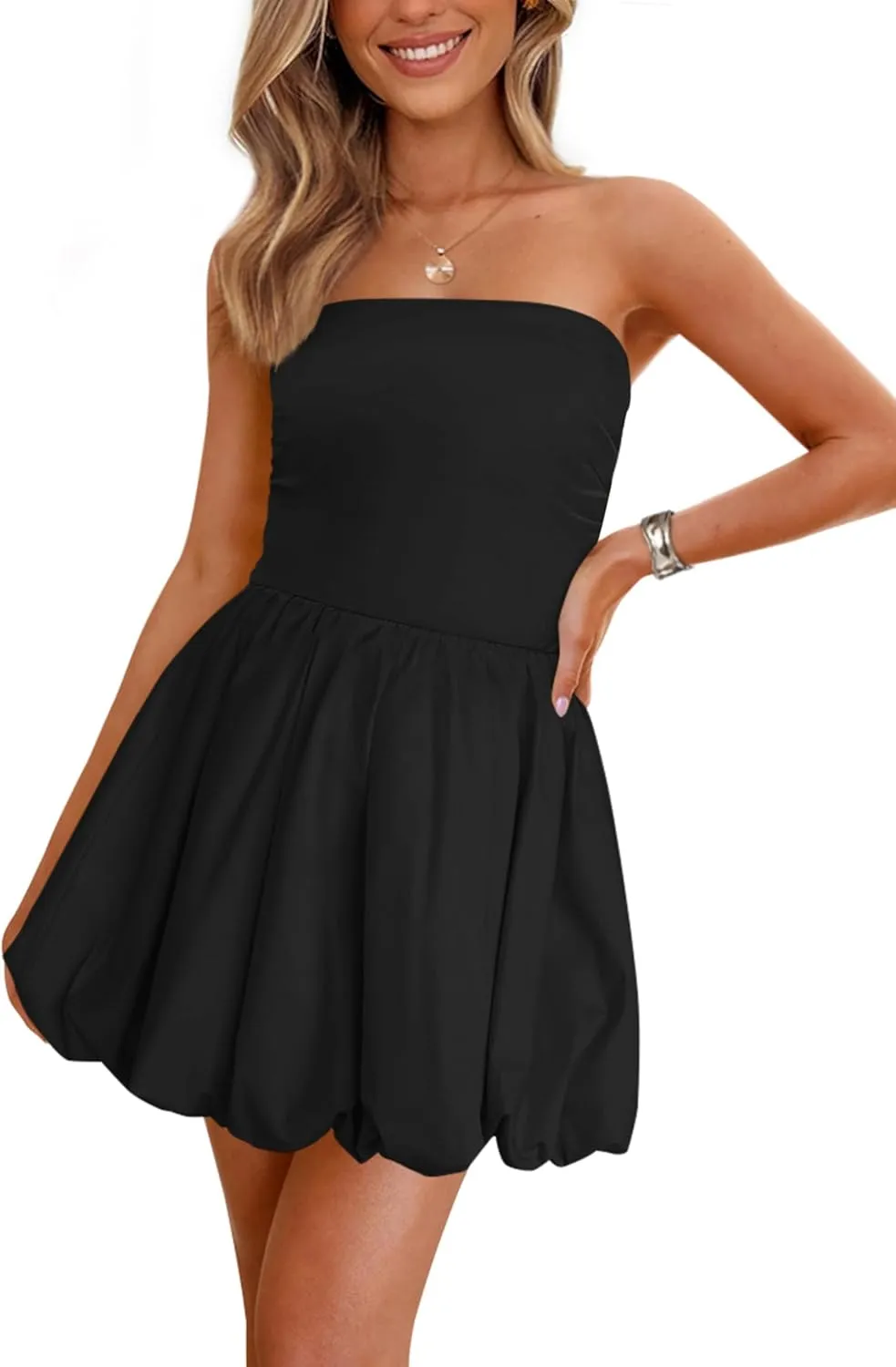 PRETTYGARDEN Women's Bubble Mini Dress 2025 Summer Strapless Tube Top Short A Line Sundress Trendy Casual Smocked Dresses