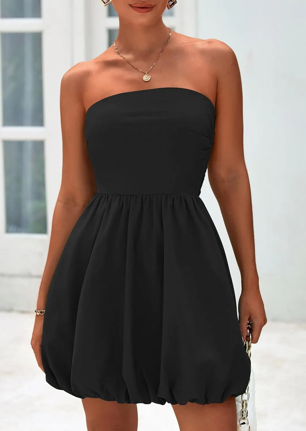 PRETTYGARDEN Women's Bubble Mini Dress 2025 Summer Strapless Tube Top Short A Line Sundress Trendy Casual Smocked Dresses