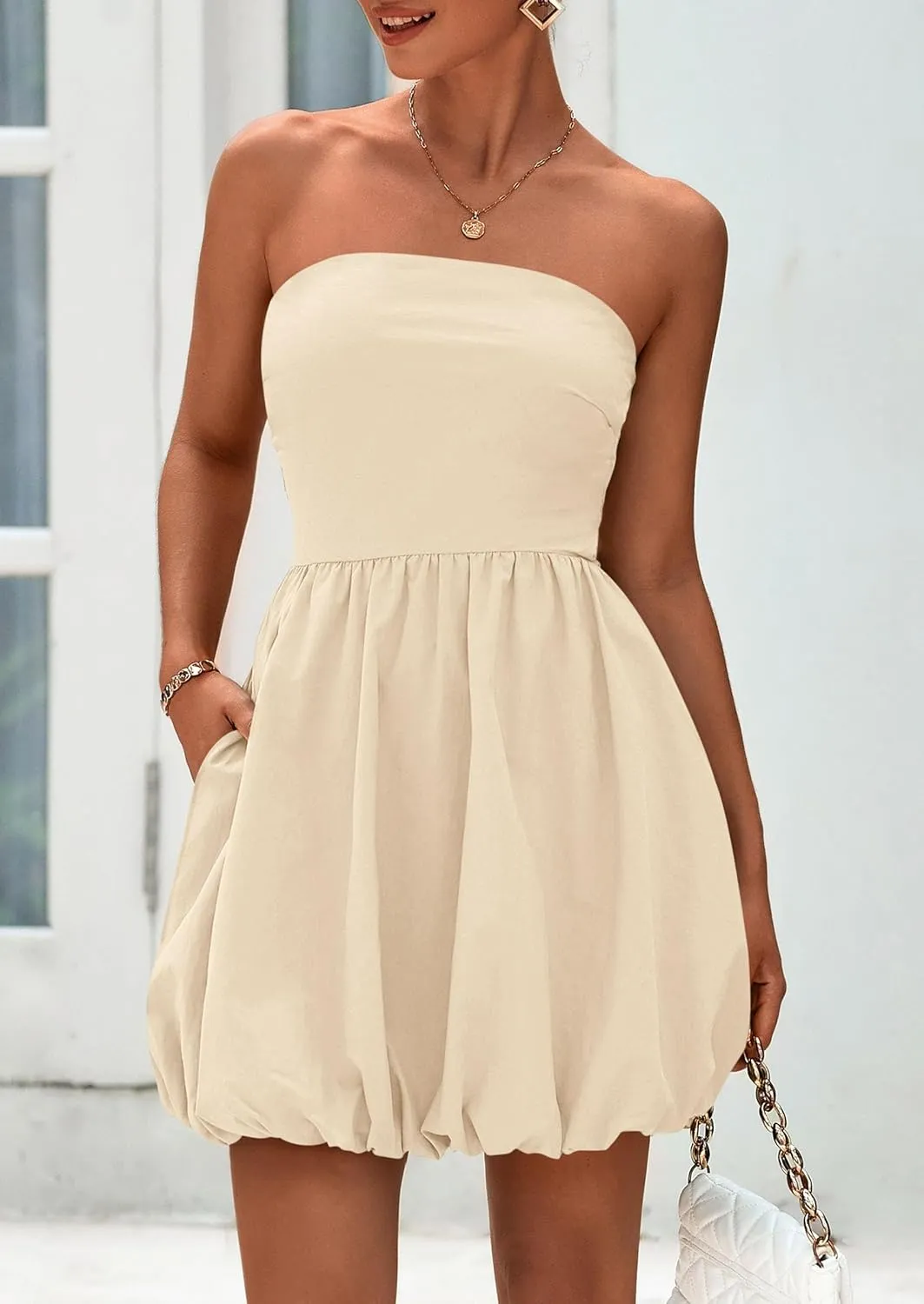 PRETTYGARDEN Women's Bubble Mini Dress 2025 Summer Strapless Tube Top Short A Line Sundress Trendy Casual Smocked Dresses