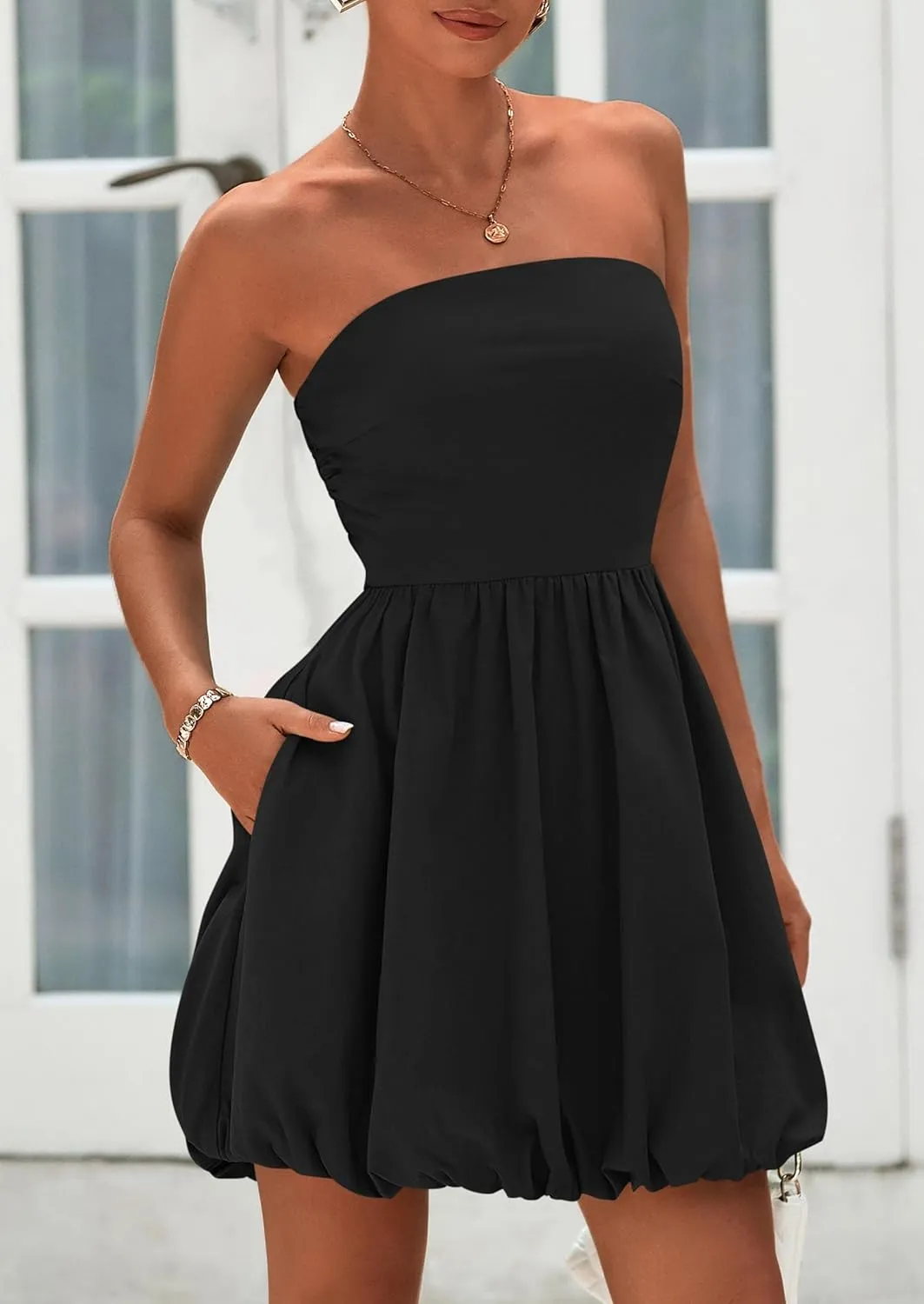 PRETTYGARDEN Women's Bubble Mini Dress 2025 Summer Strapless Tube Top Short A Line Sundress Trendy Casual Smocked Dresses