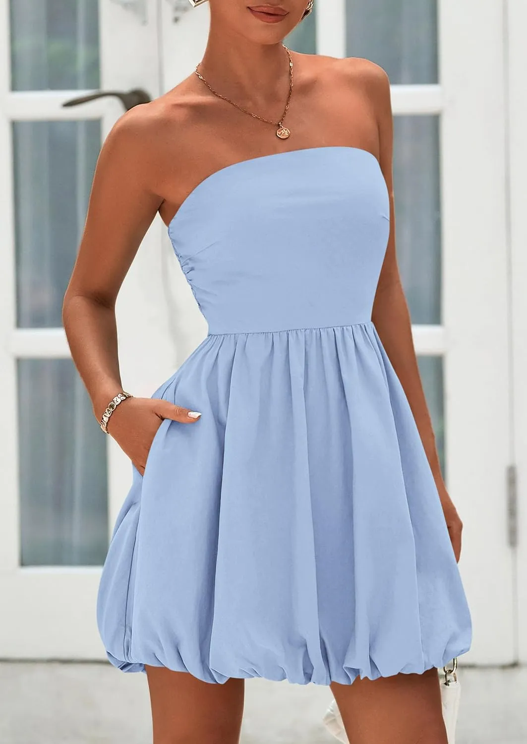 PRETTYGARDEN Women's Bubble Mini Dress 2025 Summer Strapless Tube Top Short A Line Sundress Trendy Casual Smocked Dresses