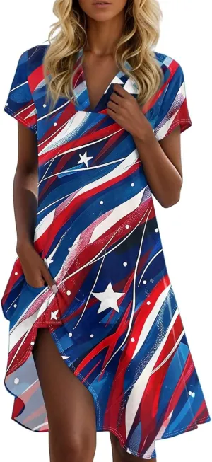 Red White and Blue Summer Dress for Women 4Th of July Tshirt Dress Midi Short Sleeve Collared V Neck A Line Dresses