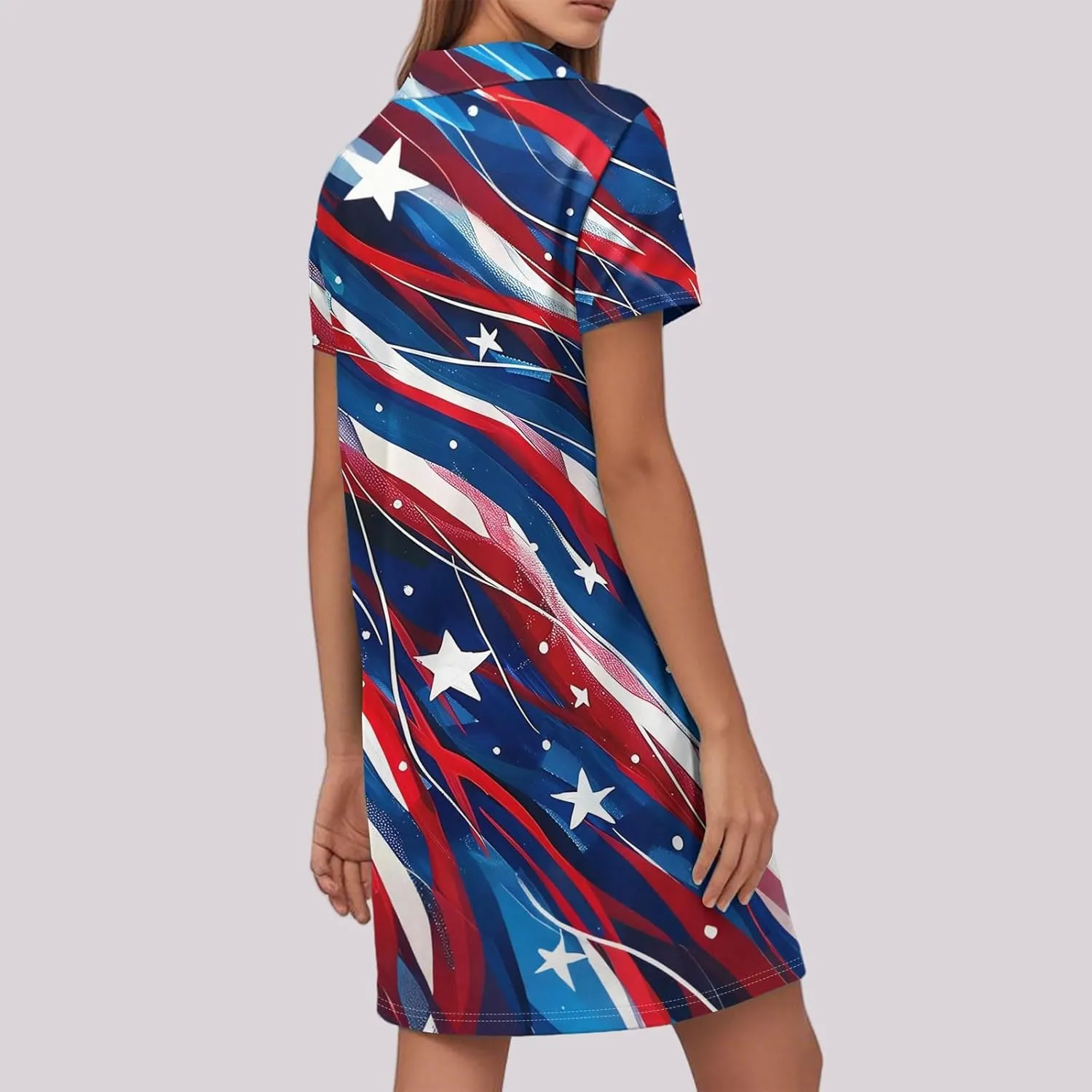 Red White and Blue Summer Dress for Women 4Th of July Tshirt Dress Midi Short Sleeve Collared V Neck A Line Dresses