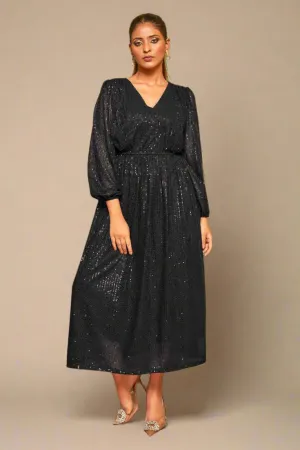 Rich Black Sequin Cocktail Dress | V-Neck Flared Elegance