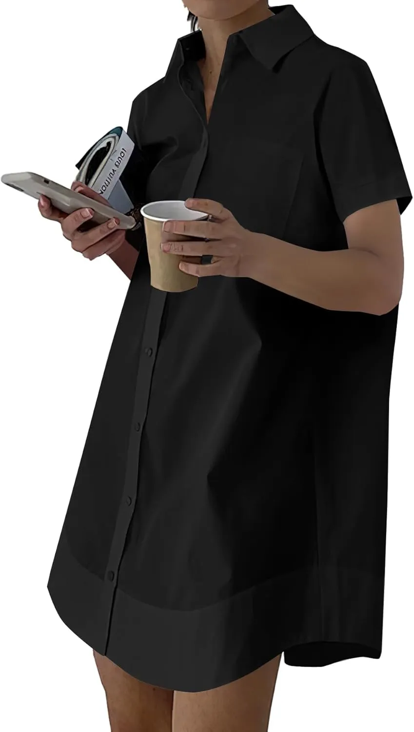 Rooscier Women's Casual Shirt Dress Collar V Neck Button Down Short Sleeve Loose Mini Dresses