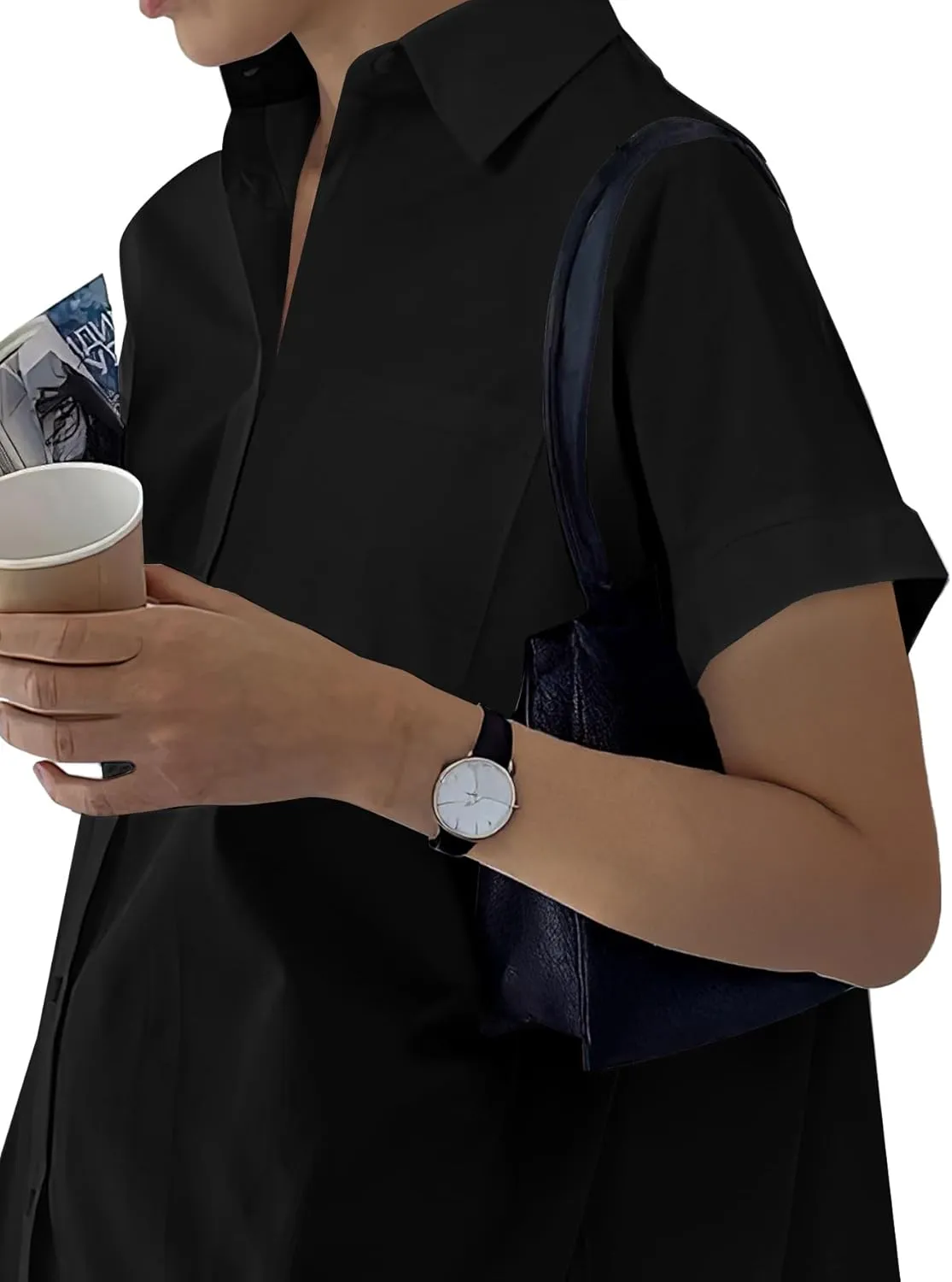 Rooscier Women's Casual Shirt Dress Collar V Neck Button Down Short Sleeve Loose Mini Dresses