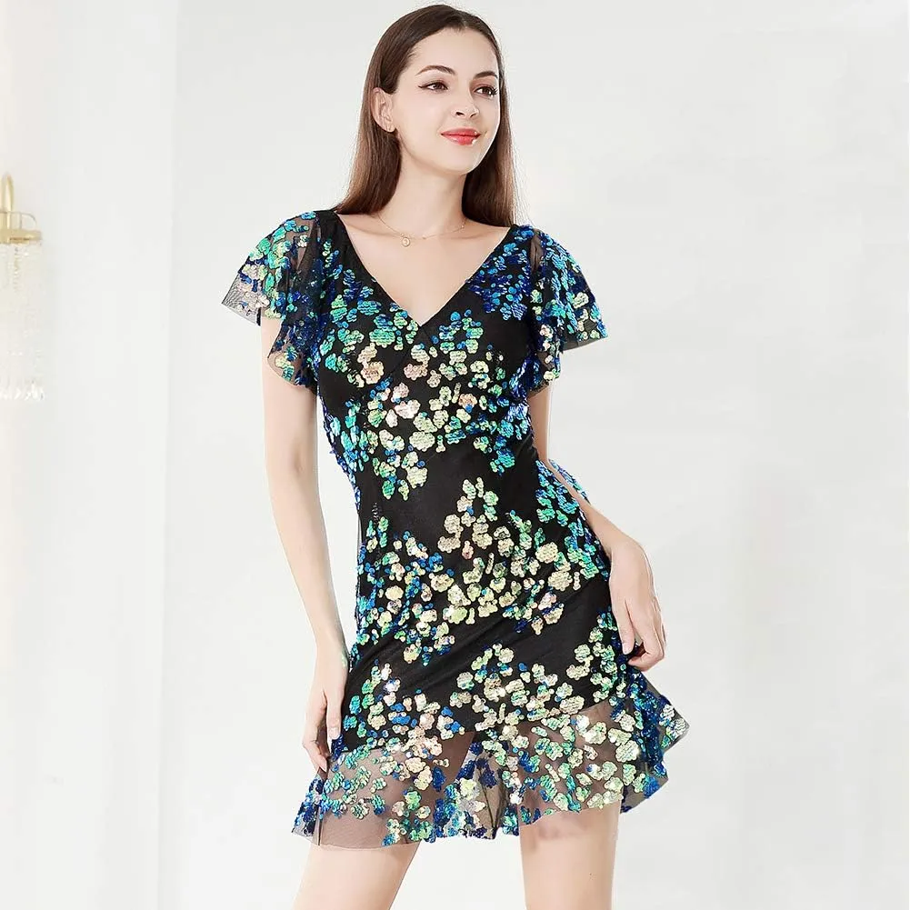 ROYAL SMEELA Sequin Dresses for Women Mini Cocktail Dress Ruffle Sleeve V Neck Glitter Party Dresses for Women Evening