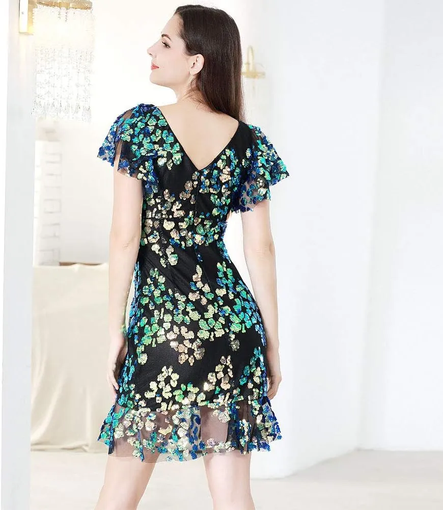 ROYAL SMEELA Sequin Dresses for Women Mini Cocktail Dress Ruffle Sleeve V Neck Glitter Party Dresses for Women Evening