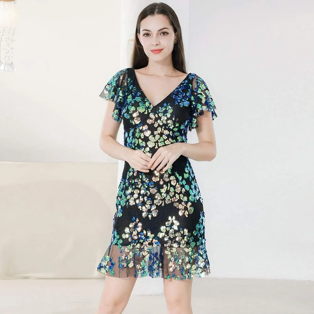 ROYAL SMEELA Sequin Dresses for Women Mini Cocktail Dress Ruffle Sleeve V Neck Glitter Party Dresses for Women Evening