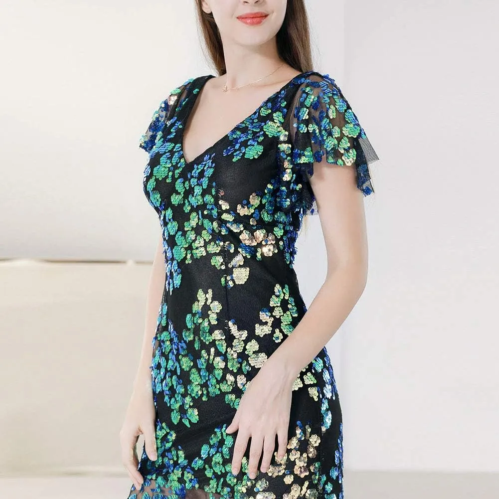 ROYAL SMEELA Sequin Dresses for Women Mini Cocktail Dress Ruffle Sleeve V Neck Glitter Party Dresses for Women Evening