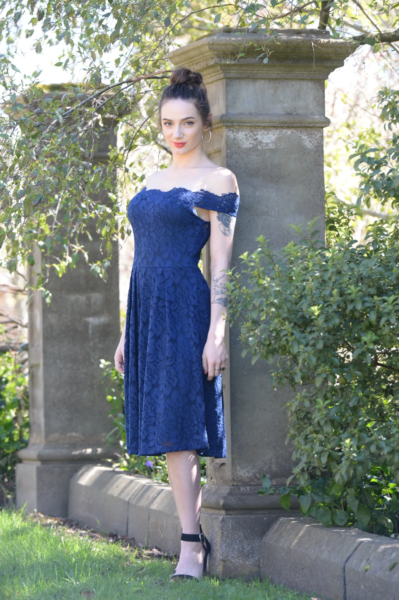 Scalloped Off Shoulder Flared Lace Dress  Blue