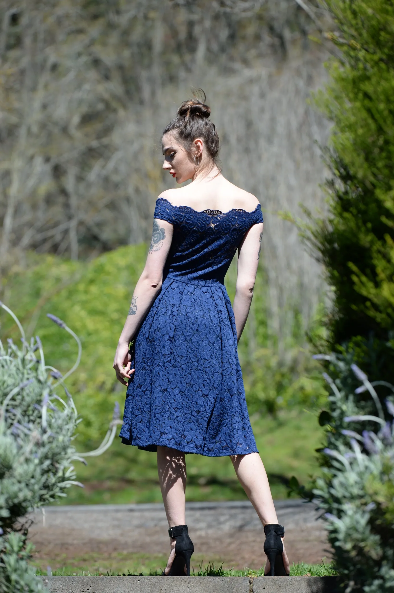 Scalloped Off Shoulder Flared Lace Dress  Blue