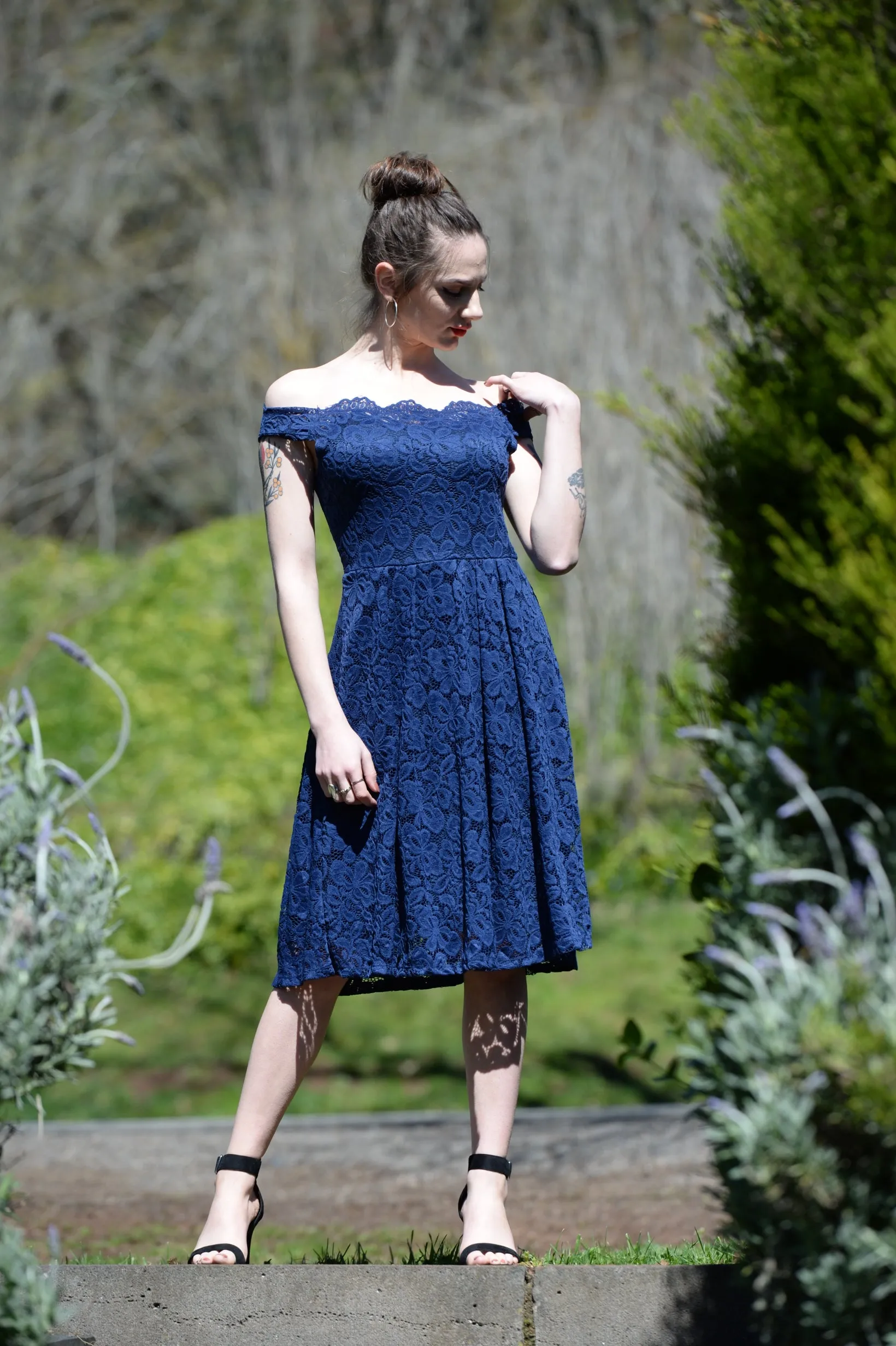 Scalloped Off Shoulder Flared Lace Dress  Blue