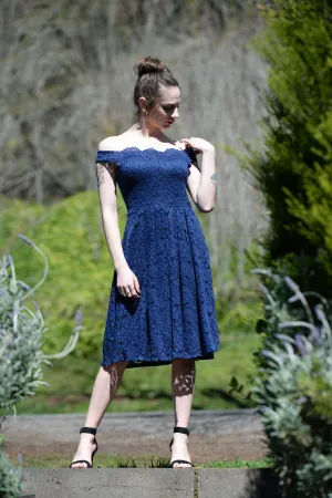 Scalloped Off Shoulder Flared Lace Dress  Blue