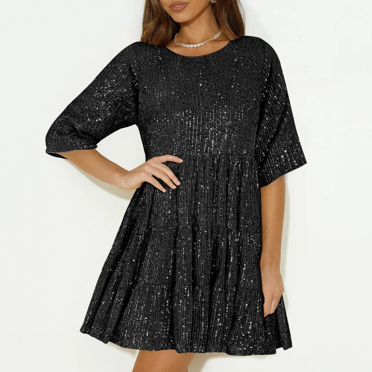 Sequin Babydoll Mini Women Dress,Tiered Ruffle Casual Loose Glitter Party Dress S~XL