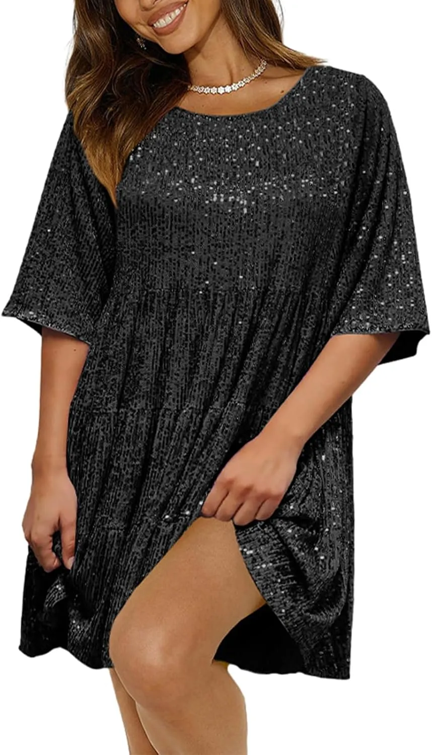 Sequin Babydoll Mini Women Dress,Tiered Ruffle Casual Loose Glitter Party Dress S~XL