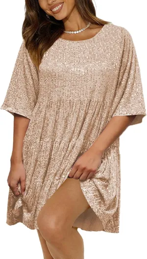 Sequin Babydoll Mini Women Dress,Tiered Ruffle Casual Loose Glitter Party Dress S~XL