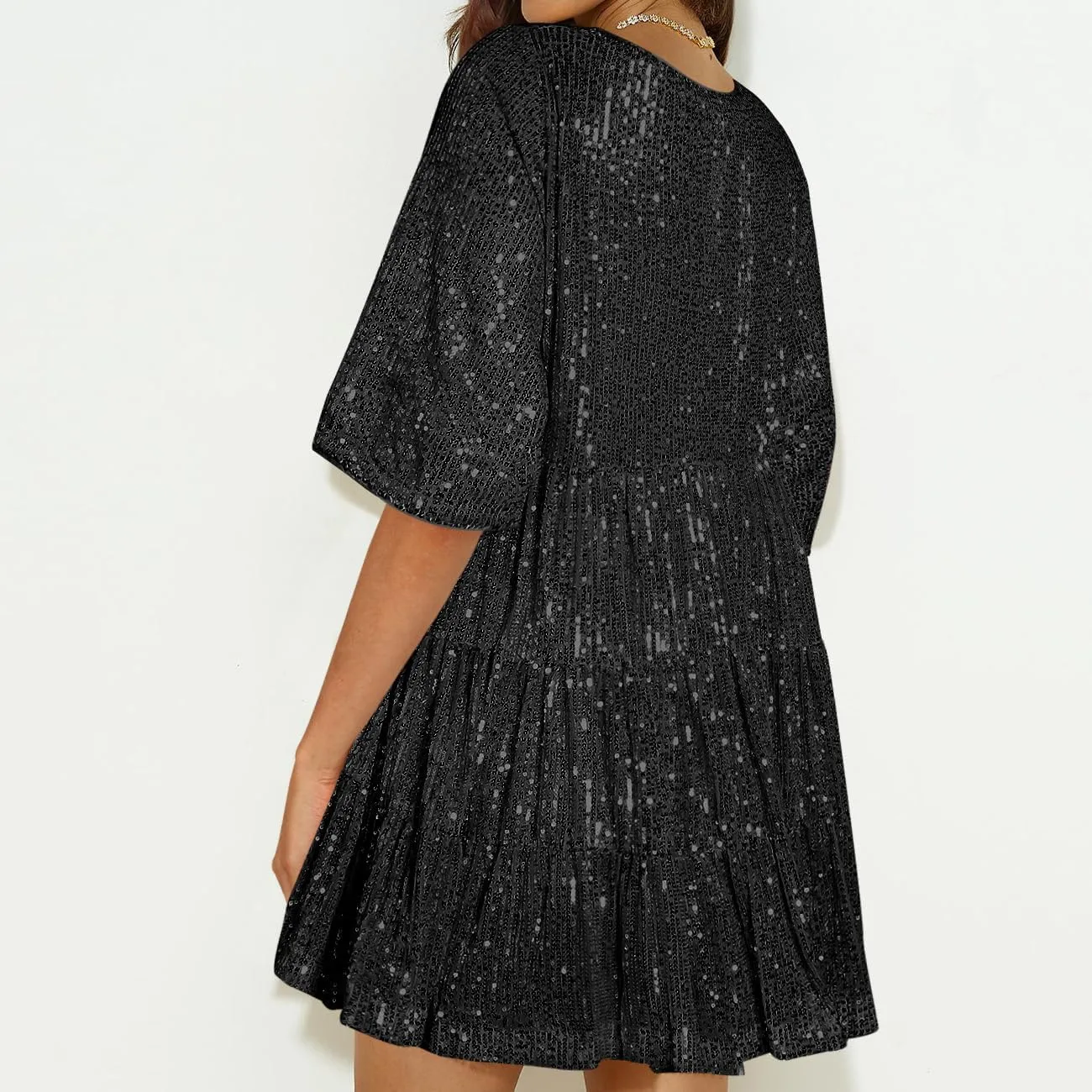 Sequin Babydoll Mini Women Dress,Tiered Ruffle Casual Loose Glitter Party Dress S~XL