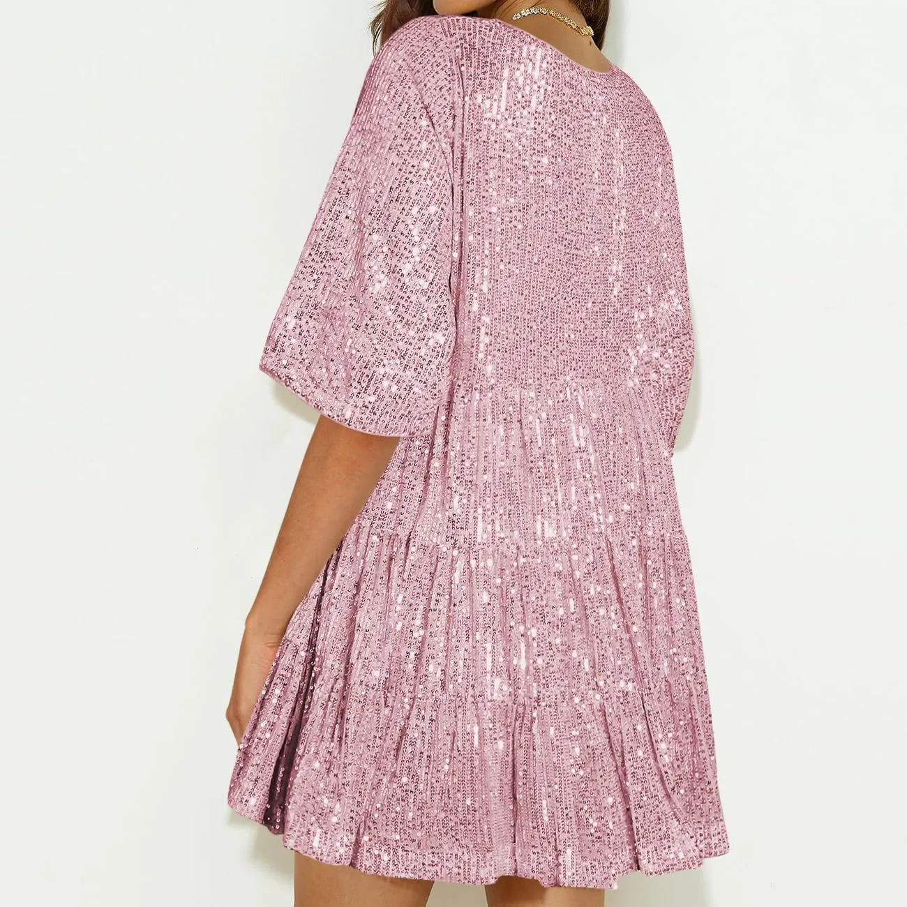 Sequin Babydoll Mini Women Dress,Tiered Ruffle Casual Loose Glitter Party Dress