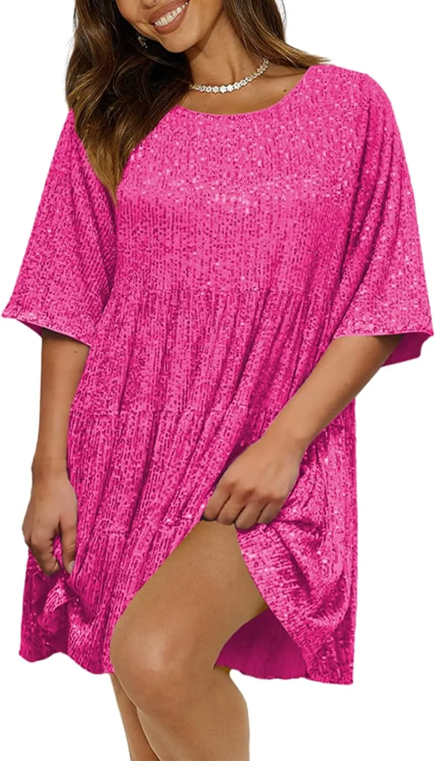 Sequin Babydoll Mini Women Dress,Tiered Ruffle Casual Loose Glitter Party Dress