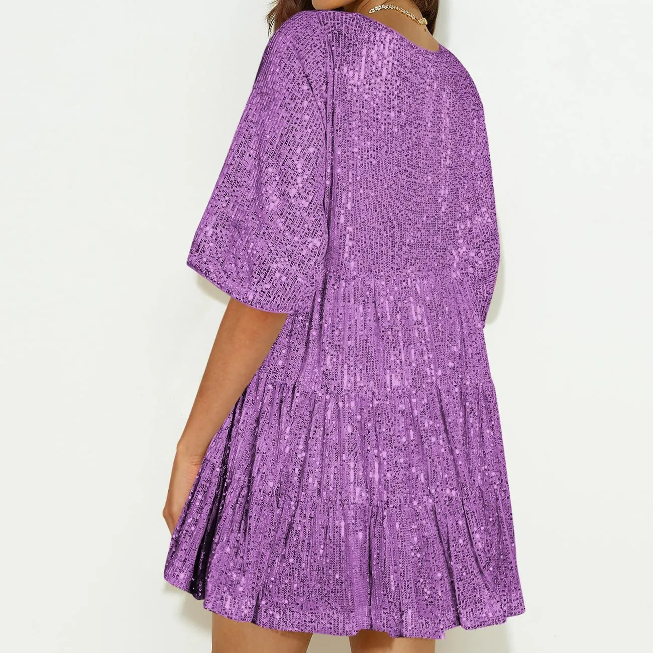 Sequin Babydoll Mini Women Dress,Tiered Ruffle Casual Loose Glitter Party Dress