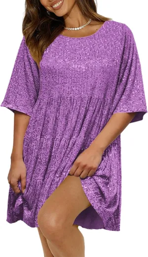 Sequin Babydoll Mini Women Dress,Tiered Ruffle Casual Loose Glitter Party Dress