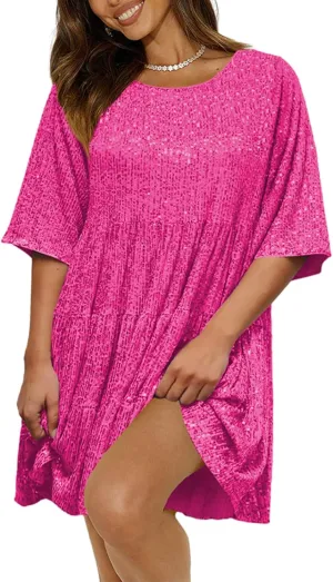 Sequin Babydoll Mini Women Dress,Tiered Ruffle Casual Loose Glitter Party Dress