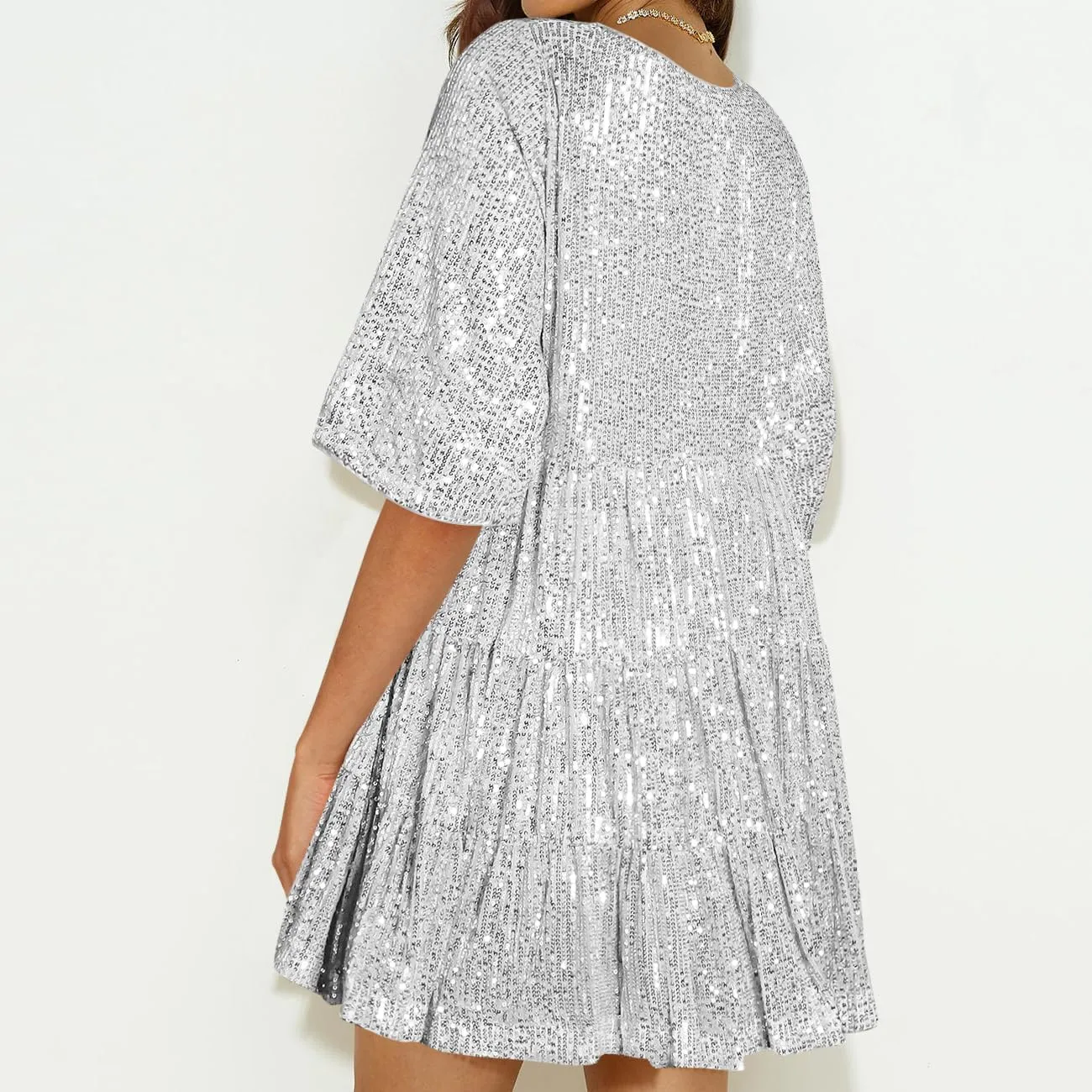 Sequin Babydoll Mini Women Dress,Tiered Ruffle Casual Loose Glitter Party Dress