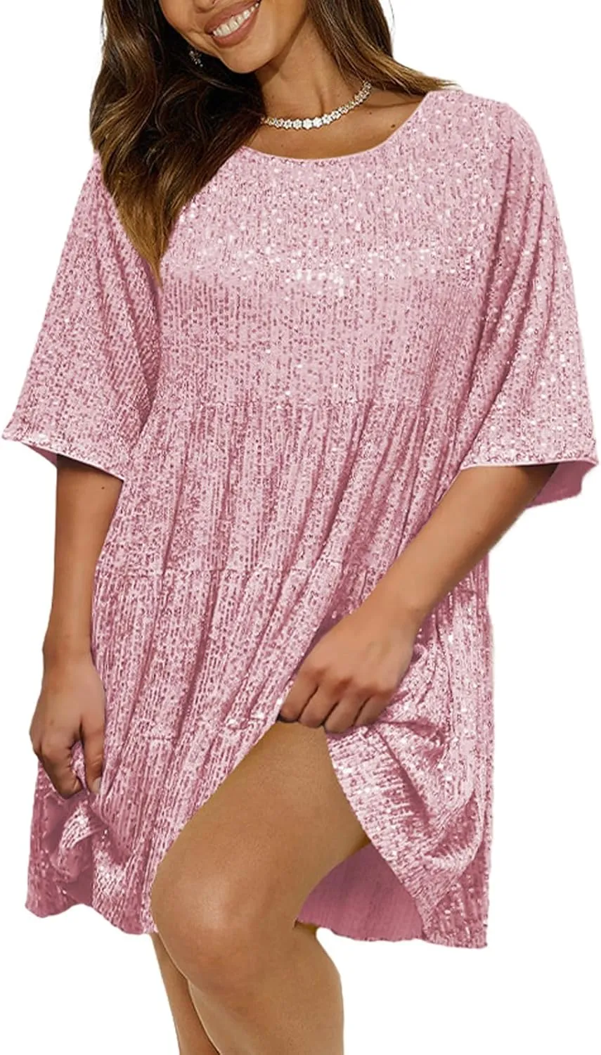 Sequin Babydoll Mini Women Dress,Tiered Ruffle Casual Loose Glitter Party Dress
