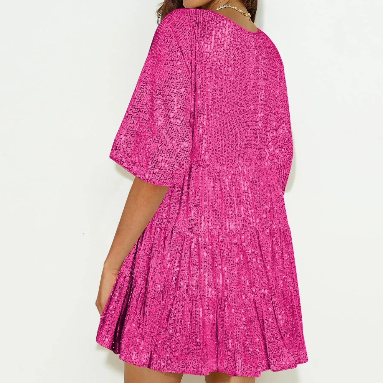Sequin Babydoll Mini Women Dress,Tiered Ruffle Casual Loose Glitter Party Dress