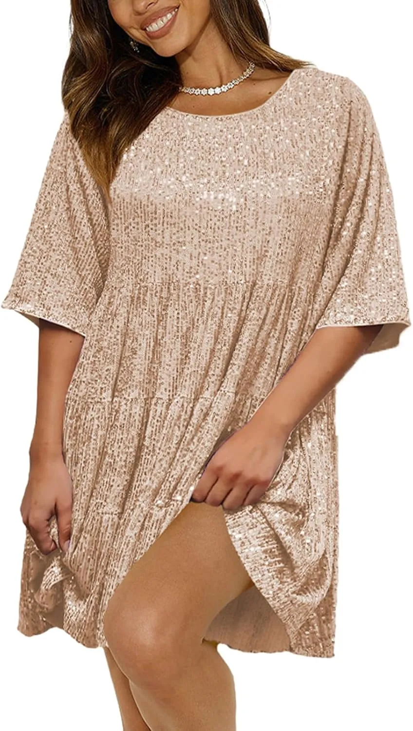 Sequin Babydoll Mini Women Dress,Tiered Ruffle Casual Loose Glitter Party Dress
