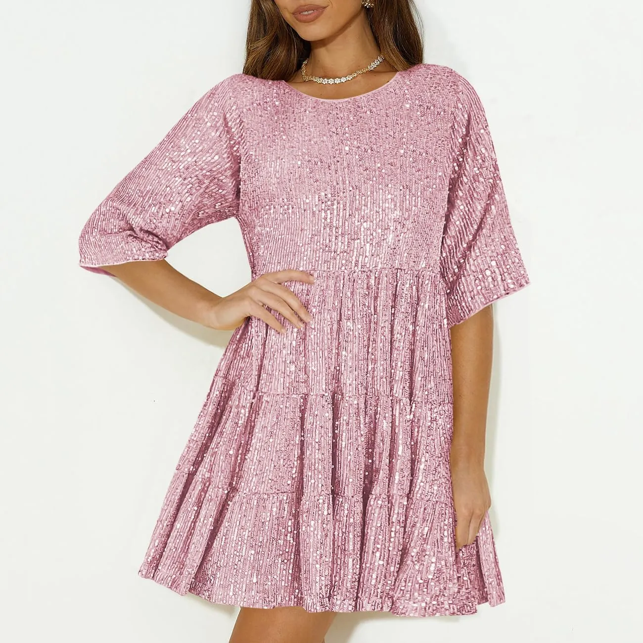 Sequin Babydoll Mini Women Dress,Tiered Ruffle Casual Loose Glitter Party Dress