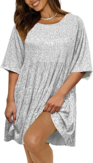 Sequin Babydoll Mini Women Dress,Tiered Ruffle Casual Loose Glitter Party Dress